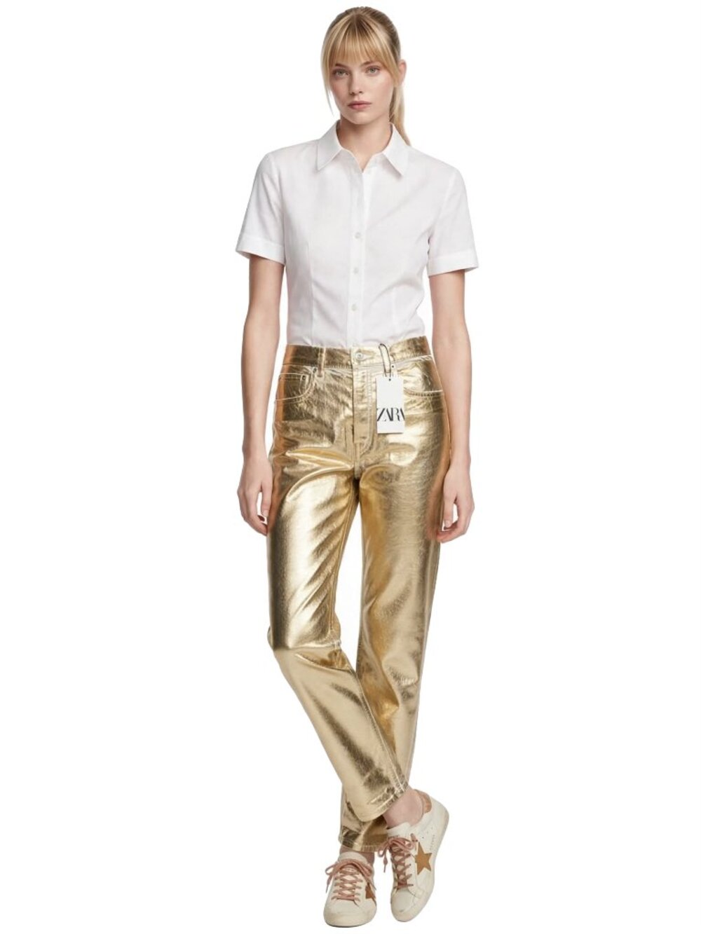 Zara Metallic Gold Jeans Boyfriend Fit Relaxed Pants Trousers Bloggers Fav Rare